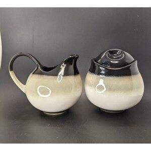 Sango Nova Black Creamer Sugar Bowl with Lid Set Tan Black Ombre Stoneware